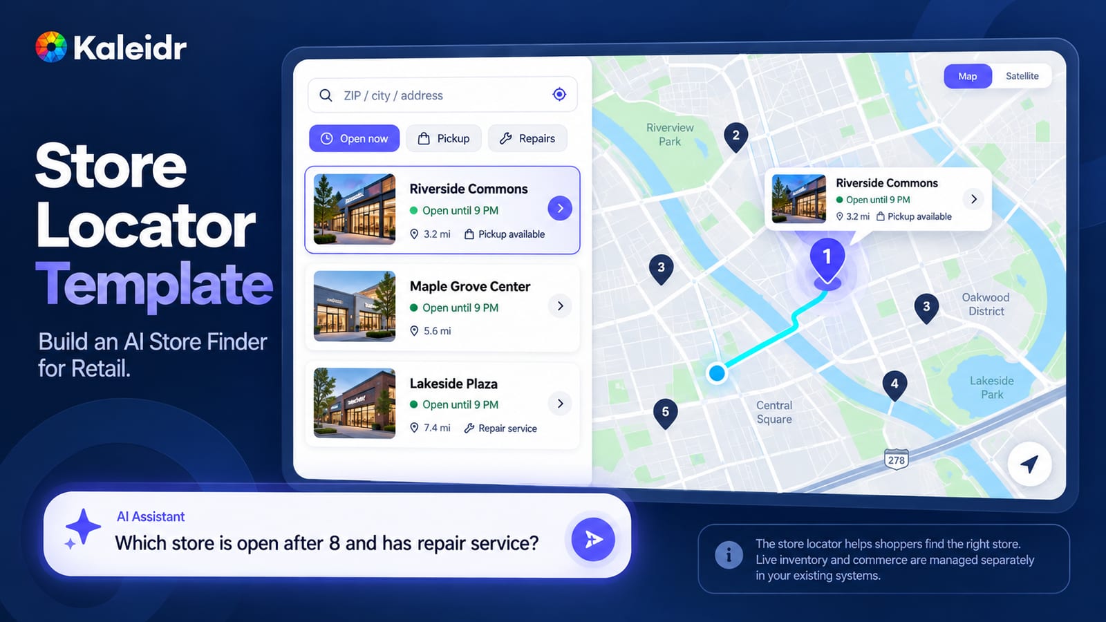 A retail store locator with a branded map, numbered store pins, a list of hours and pickup status, a route, and a sample question about a store that is open after 8 and offers repairs.