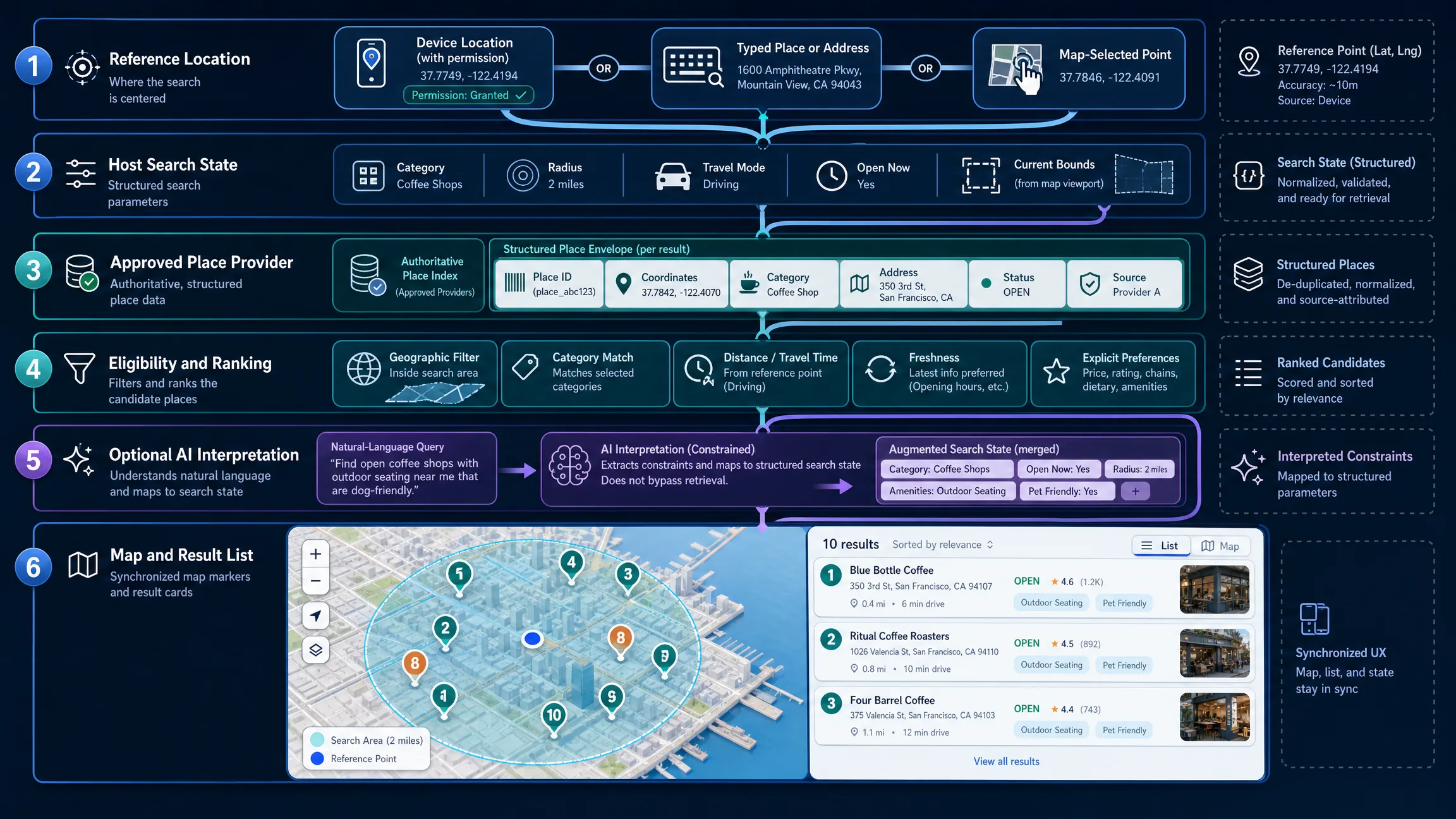 Architecture showing how a nearby search converts a reference location into approved place retrieval, ranking, optional AI interpretation, and synchronized map and list results.