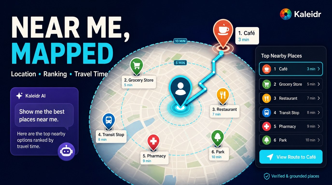 A nearby-places interface showing a selected location, search radius, travel-time context, ranked local results, and an AI map assistant.