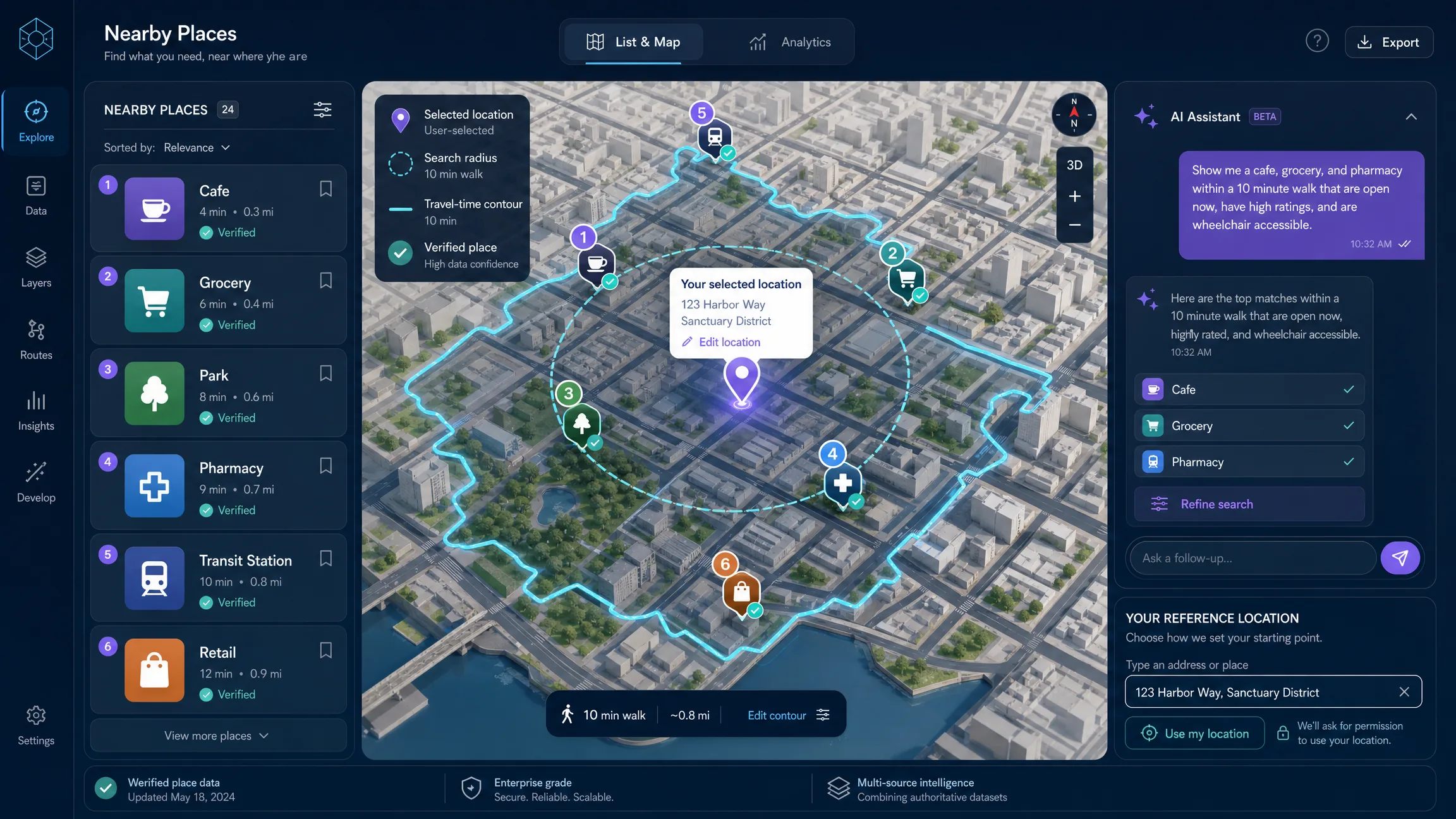 A nearby-places interface showing a selected location, search radius, travel-time context, ranked local results, and an AI map assistant.