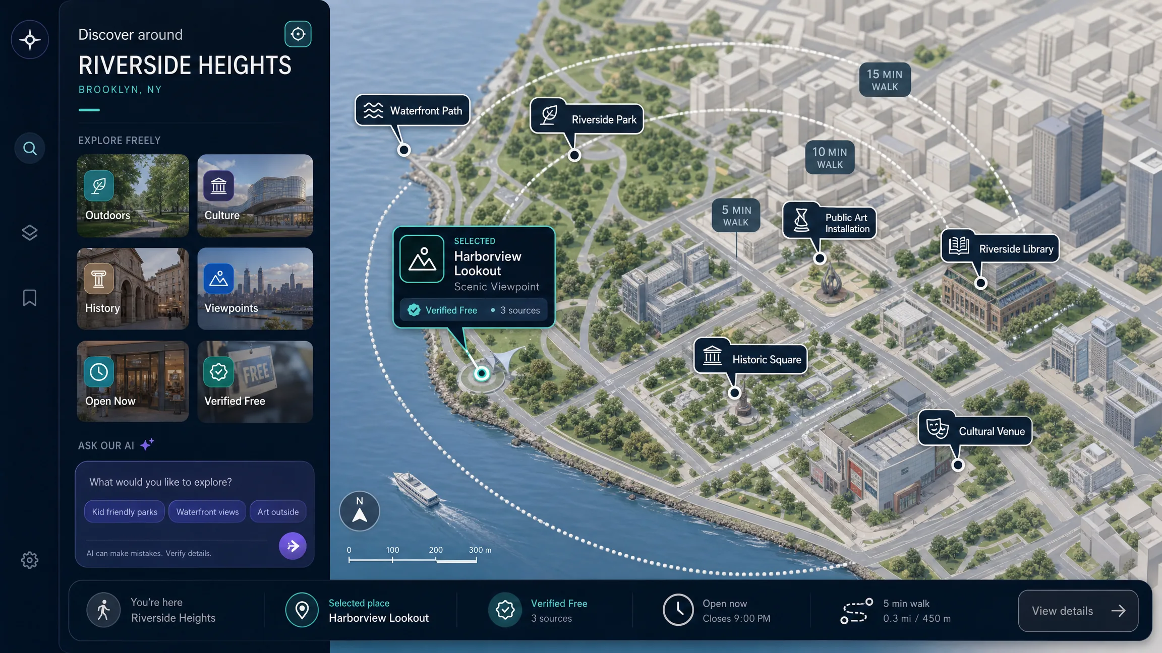 A nearby discovery map showing parks, public art, viewpoints, libraries, historic places, and other verified-free places around a selected location.
