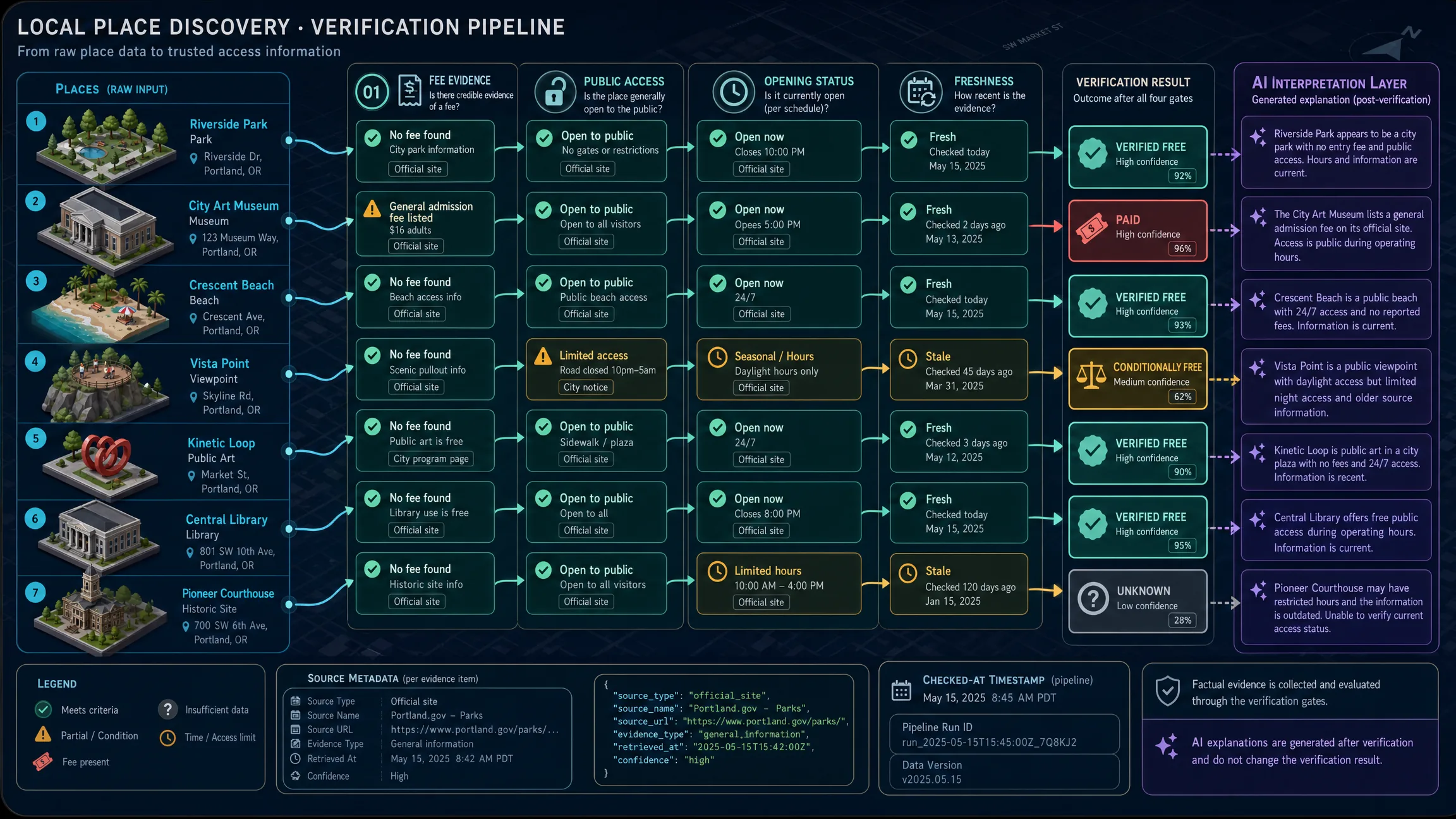 Verification workflow checking fee, public access, opening status, and freshness before labeling a nearby place as free.