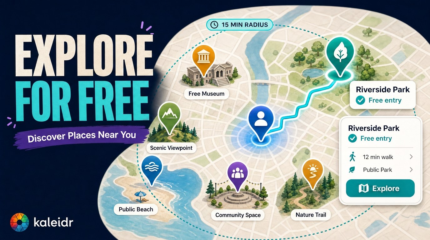 A nearby discovery map showing parks, public art, viewpoints, libraries, historic places, and other verified-free places around a selected location.
