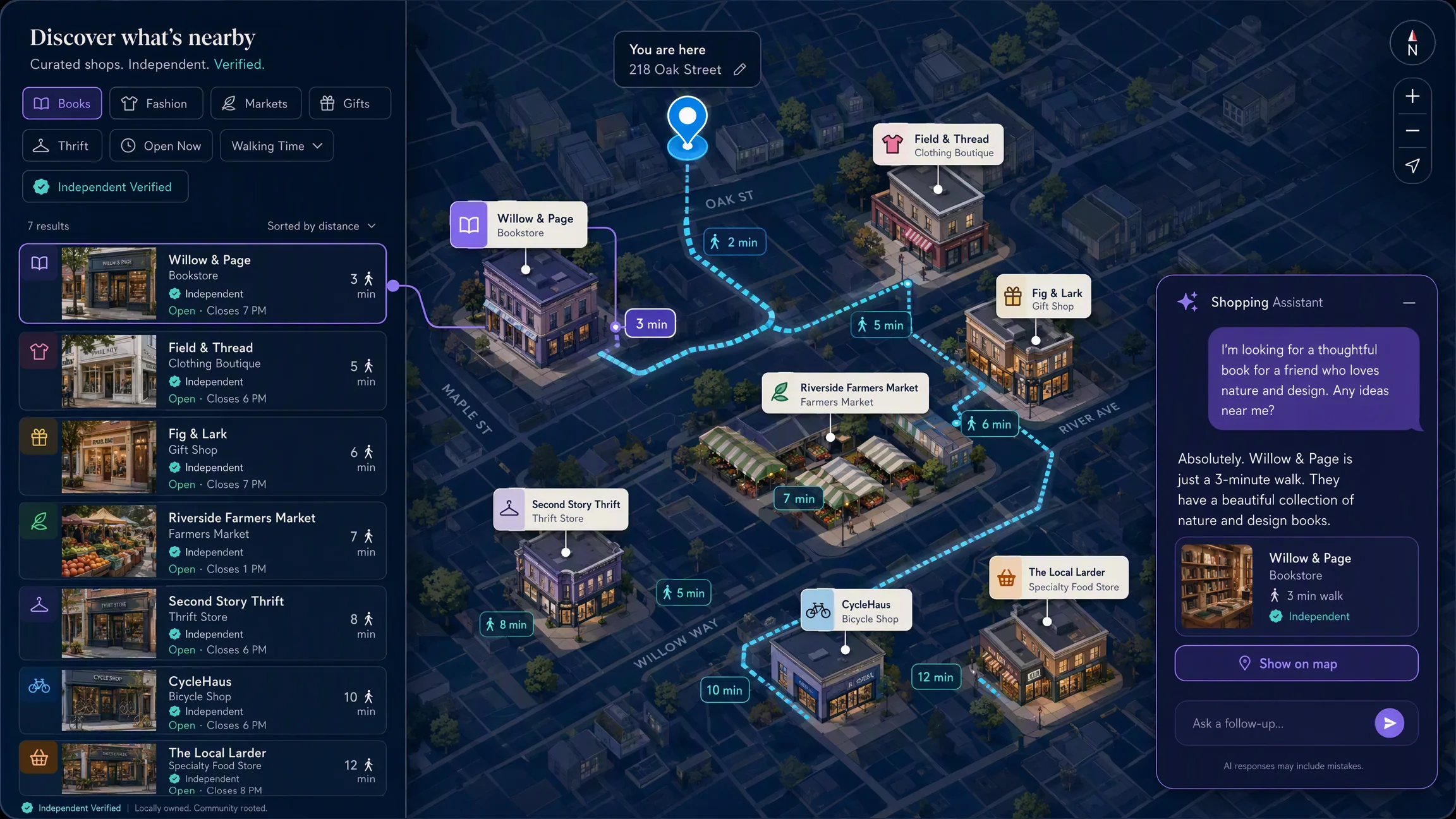 A neighborhood map showing nearby bookstores, clothing shops, markets, gift stores, thrift shops, and other retailers with filters and AI-assisted discovery.