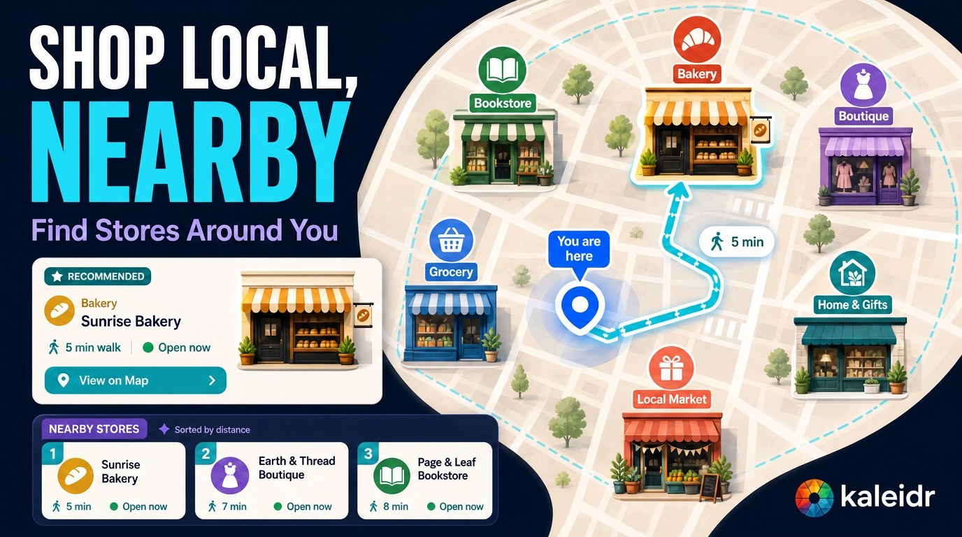 A neighborhood map showing nearby bookstores, clothing shops, markets, gift stores, thrift shops, and other retailers with filters and AI-assisted discovery.