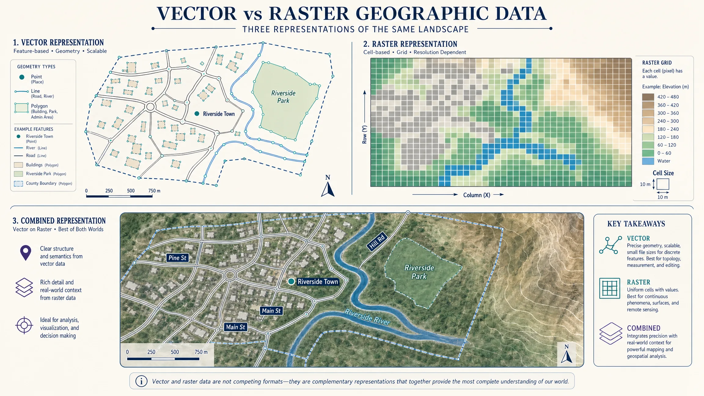 The same geographic area represented as vector points, lines, and polygons on one side and a raster grid on the other, then combined in a digital map.
