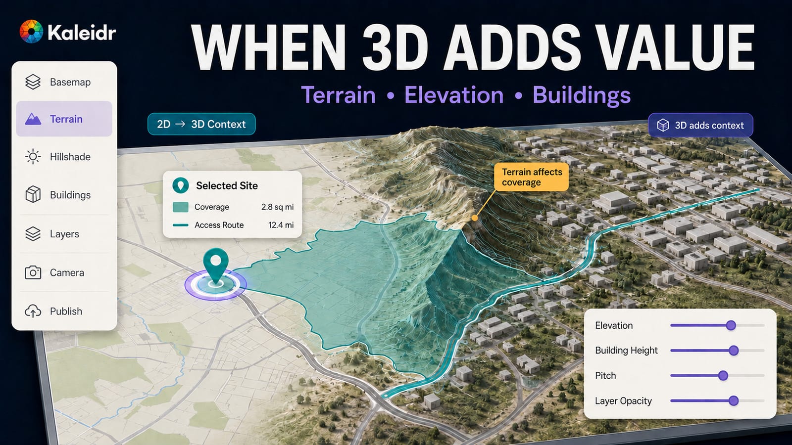 Kaleidr Studio authoring a 3D map with terrain, hillshade, extruded buildings, business overlays, and a controlled product-focused camera.