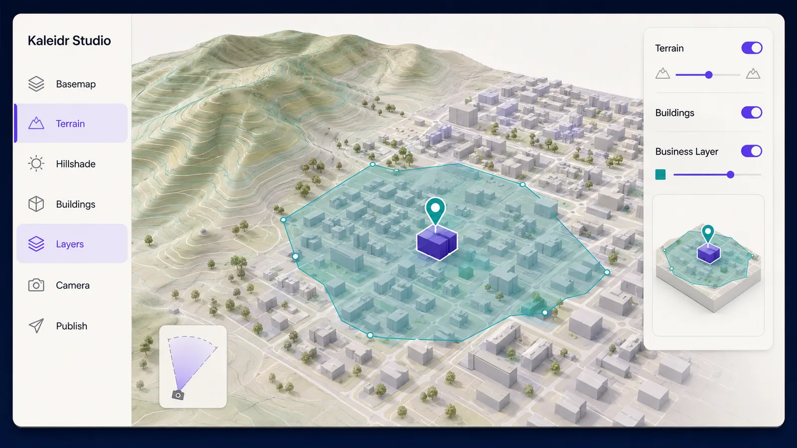 Kaleidr Studio authoring a 3D map with terrain, hillshade, extruded buildings, business overlays, and a controlled product-focused camera.