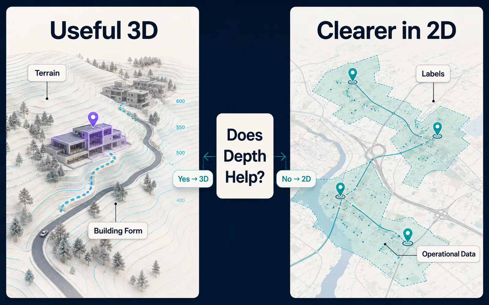 A comparison shows 3D improving a terrain-sensitive property map while a dense operational locator remains clearer in 2D.