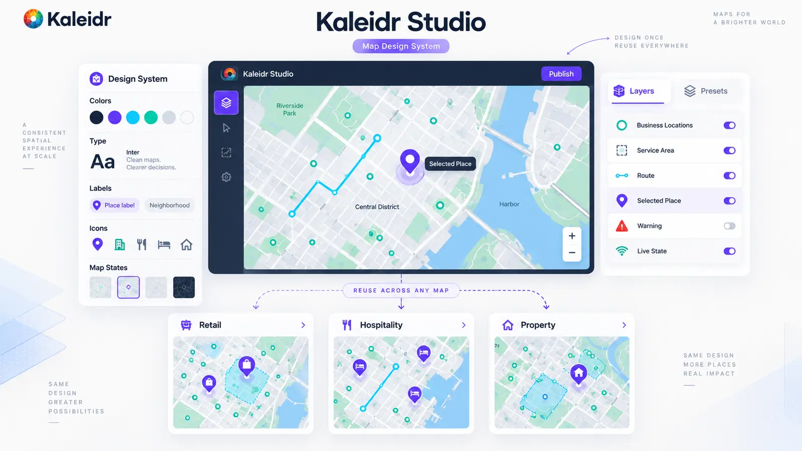 Kaleidr Studio turns reusable colors, typography, labels, icons, layers, and presets into a consistent branded map system used across retail, hospitality, and property experiences.