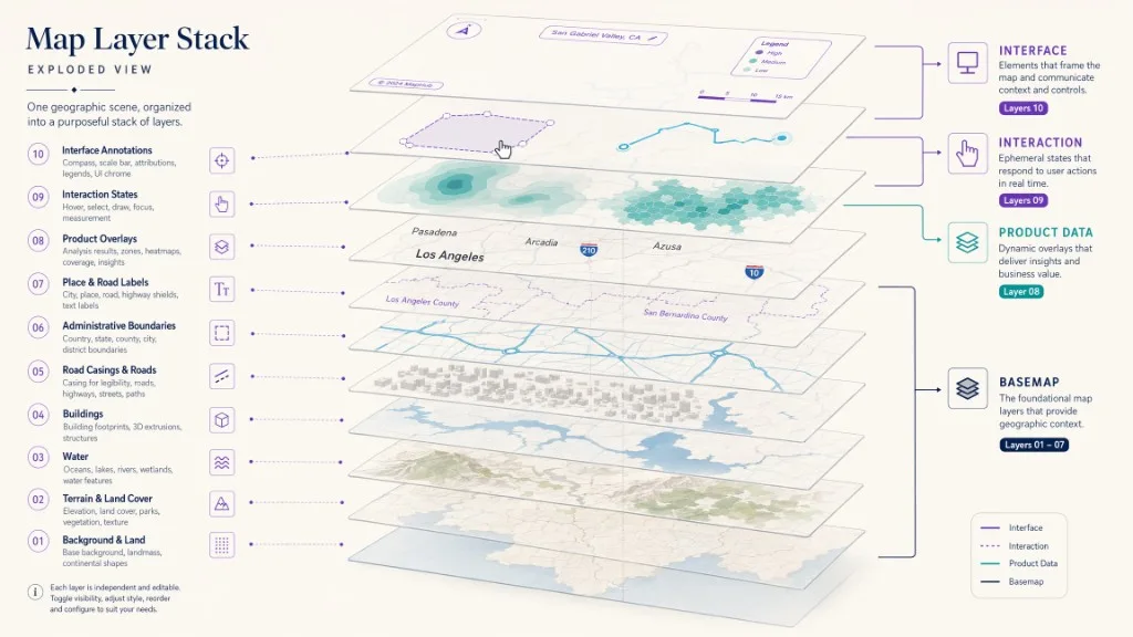 An exploded branded-map stack showing reference geography below product overlays, interaction states, and interface information.