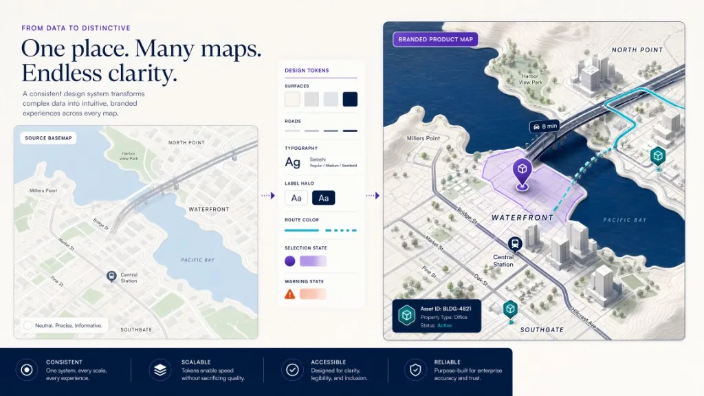 A neutral vector map transformed through color, typography, labels, roads, and product overlays into a coherent branded basemap.