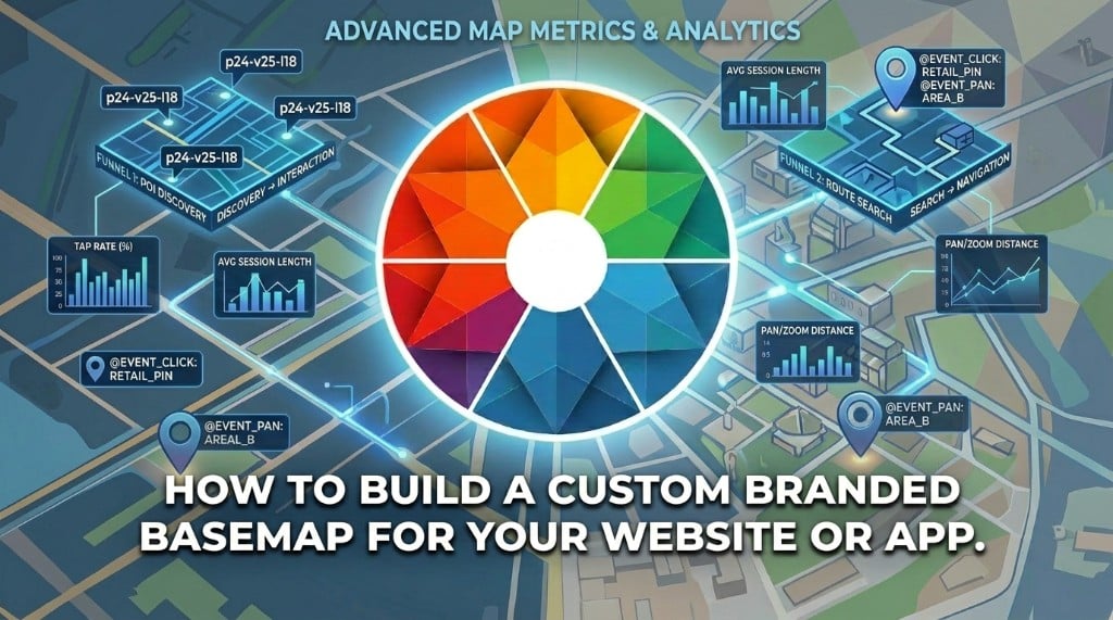 Kaleidr emblem centered over a stylized city map with analytics callouts, titled How to Build a Custom Branded Basemap for Your Website or App.