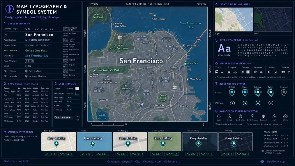 A branded map label and icon system showing typography hierarchy, halos, glyphs, sprites, interaction states, and contrast testing.