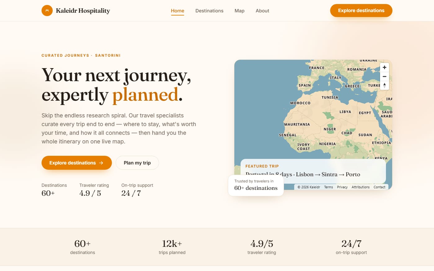 Hospitality website template with a live Kaleidr map
