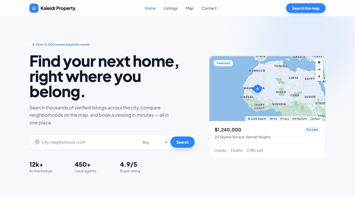 Property website template with a live Kaleidr map