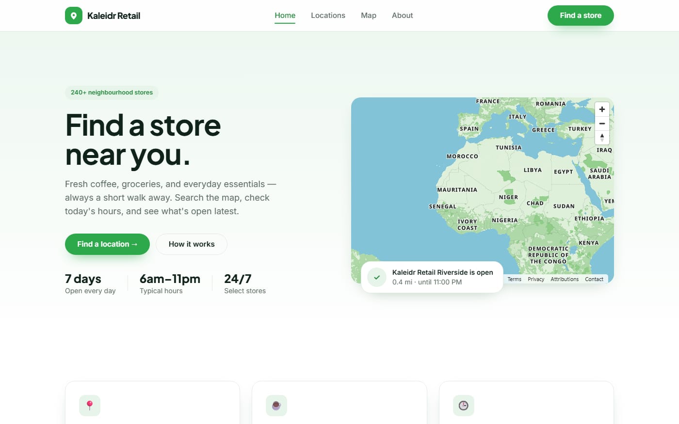 Retail website template with a live Kaleidr map